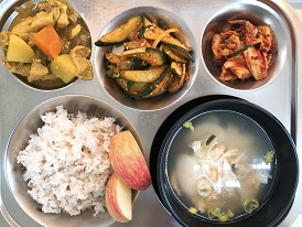 11.2:브라운쌀밥,떡국,카레찜닭,골뱅이오이무침,배추김치,사과