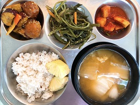 4.19:브라운쌀밥,사골배추된장국,미트볼고구마강정,미역줄기볶음,깍두기,파인애플