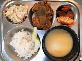 4.20:쌀밥,단호박스프,치킨까스&소스, 펜네크림파스타,수제피클,배추김치,배