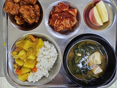 4.17:카레라이스,시금치된장국,닭강정,배추김치,사과
